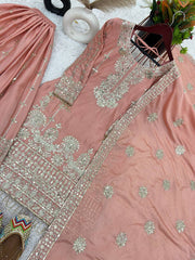 Blissful Heavy Embroidery Sequence Work And Full Sleeve Peach Color Plazo Suit