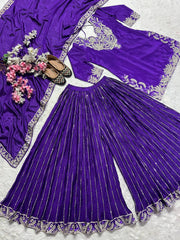 Designer Chinnon Silk Sequence Work Purple Color Sharara Suit