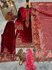 Festive Wear Velvet Red Color Sequence Work Suit