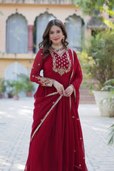 Buy Faux Blooming Georgette Maroon color Embroidered work Gown