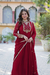 Buy Faux Blooming Georgette Maroon color Embroidered work Gown