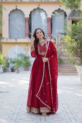 Buy Faux Blooming Georgette Maroon color Embroidered work Gown