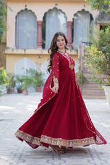Buy Faux Blooming Georgette Maroon color Embroidered work Gown
