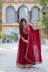Buy Faux Blooming Georgette Maroon color Embroidered work Gown