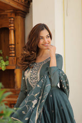 Buy New Star Georgette Dark(Deep) Green color Long Gown & Duptta