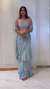 Presenting Foux Gorgette Sequence Work Light blue Color Reday to wear Lehengha saree