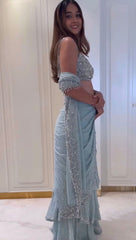 Presenting Foux Gorgette Sequence Work Light blue Color Reday to wear Lehengha saree