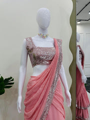 Presenting Foux Gorgette Sequence Work Peach Color Reday to wear Lehengha saree
