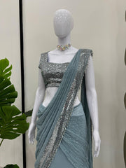Presenting Foux Gorgette Sequence Work Light blue Color Reday to wear Lehengha saree