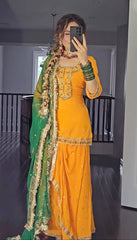 Punjabi Style Orange Color Georgette Sequence Work Lehenga With Top With Green Dupatta