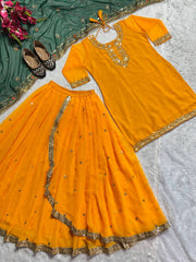 Punjabi Style Orange Color Georgette Sequence Work Lehenga With Top With Green Dupatta