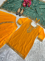 Punjabi Style Orange Color Georgette Sequence Work Lehenga With Top With Green Dupatta