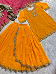 Punjabi Style Orange Color Georgette Sequence Work Lehenga With Top With Pink Dupatta