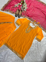 Punjabi Style Orange Color Georgette Sequence Work Lehenga With Top With Pink Dupatta