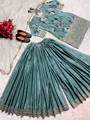 Pure Chinon Silk Sequence Work And Digital Print Sky Blue Color Long Pakistani Suit