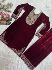 Adorable Read Color Embroidery Coding sequence Work Velvet Salwar Suit