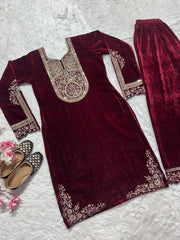 Adorable Read Color Embroidery Coding sequence Work Velvet Salwar Suit