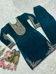 Adorable Blue Color Embroidery Coding sequence Work Velvet Salwar Suit