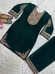 Adorable Green Color Embroidery Coding sequence Work Velvet Salwar Suit