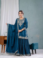 Designer Chinnon Silk Sequence Work Teal Blue Color Sharara Suit