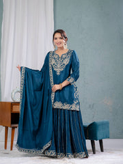 Designer Chinnon Silk Sequence Work Teal Blue Color Sharara Suit
