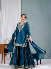Designer Chinnon Silk Sequence Work Teal Blue Color Sharara Suit