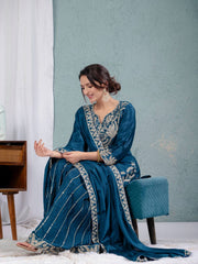 Designer Chinnon Silk Sequence Work Teal Blue Color Sharara Suit