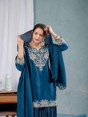Designer Chinnon Silk Sequence Work Teal Blue Color Sharara Suit