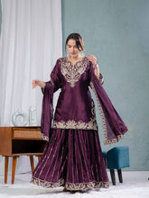 Designer Chinnon Silk Sequence Work Wine Color Sharara Suit