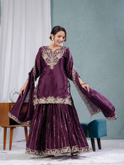 Designer Chinnon Silk Sequence Work Wine Color Sharara Suit