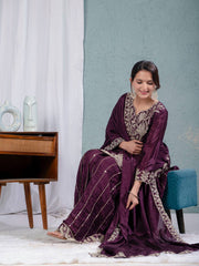 Designer Chinnon Silk Sequence Work Wine Color Sharara Suit