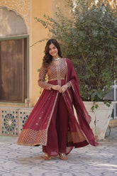 Premium Faux Georgette With Embroidered Work Maroon Color Kurti With Pant & Dupatta Set