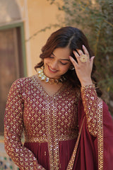 Premium Faux Georgette With Embroidered Work Maroon Color Kurti With Pant & Dupatta Set