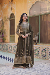 Premium Faux Georgette With Embroidered Work Mehndi Color Kurti With Pant & Dupatta Set