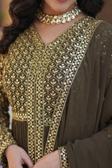 Premium Faux Georgette With Embroidered Work Mehndi Color Kurti With Pant & Dupatta Set