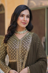 Premium Faux Georgette With Embroidered Work Mehndi Color Kurti With Pant & Dupatta Set