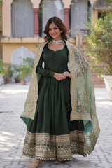 Shining Shimmer Vichitra Embroidered Sequins work Dark Green Color Gown