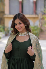 Shining Shimmer Vichitra Embroidered Sequins work Dark Green Color Gown