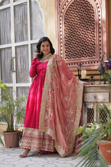 Shining Shimmer Vichitra Embroidered Sequins work Dark Pink Color Gown