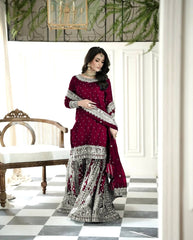 Party Wear Sequence Work Red color Top Gharara With Dupatta Set