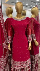 Party Wear Sequence Work Red color Top Gharara With Dupatta Set