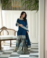 Party Wear Sequence Work Navy Blue color Top Gharara With Dupatta Set