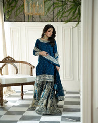 Party Wear Sequence Work Navy Blue color Top Gharara With Dupatta Set