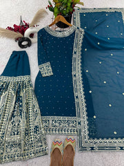 Party Wear Sequence Work Navy Blue color Top Gharara With Dupatta Set