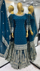 Party Wear Sequence Work Navy Blue color Top Gharara With Dupatta Set