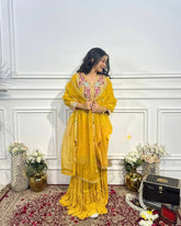 Awesome Chinon Silk Coding Work Yellow Color Sharara Suit