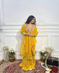 Awesome Chinon Silk Coding Work Yellow Color Sharara Suit