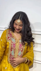 Awesome Chinon Silk Coding Work Yellow Color Sharara Suit