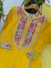 Awesome Chinon Silk Coding Work Yellow Color Sharara Suit