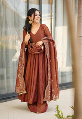 Flattering Sequence Work Brown Color Gown With Dupatta